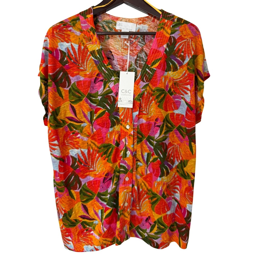 C&C California Womens 2X Tropical Floral Linen Blend V-Neck Top Orange Pink NEW